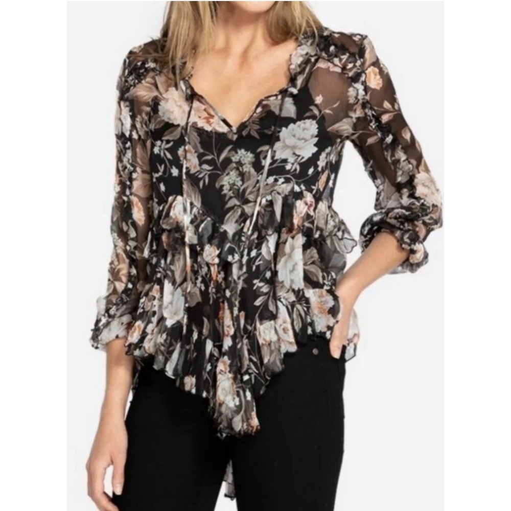 Johnny Was Black 100% Silk Sheer Boho Top Flowy Small